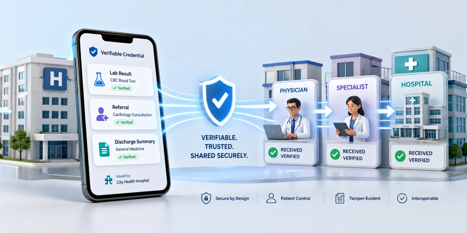 Healthcare Records on the Move: Issuing Verifiable Lab Results, Referrals and Discharge Summaries